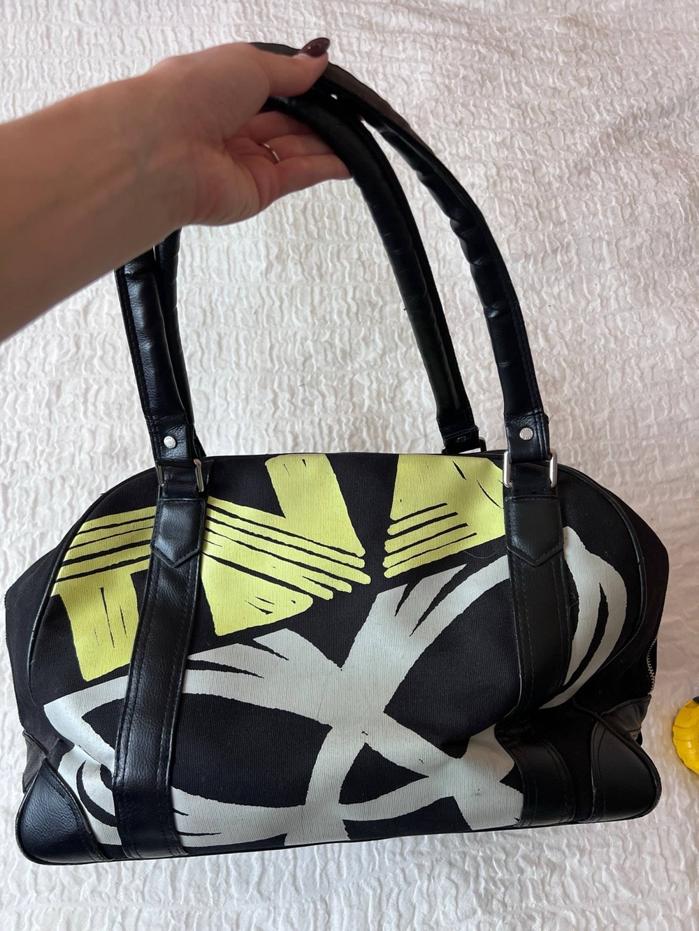 TNA Black Canvas Tote with Yellow & White Graphic Print